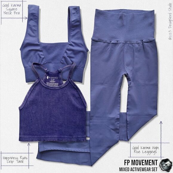 FP MOVEMENT SET GOOD KARMA SQUARE NECK BRA + LEGGINGS + HR CROP TANK VIOLET BLUE - Picture 2 of 16